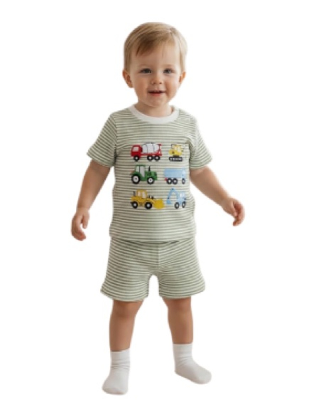 Striped Green Toddler Two-Piece Set with Embroidered Trucks NEW Size 3/4